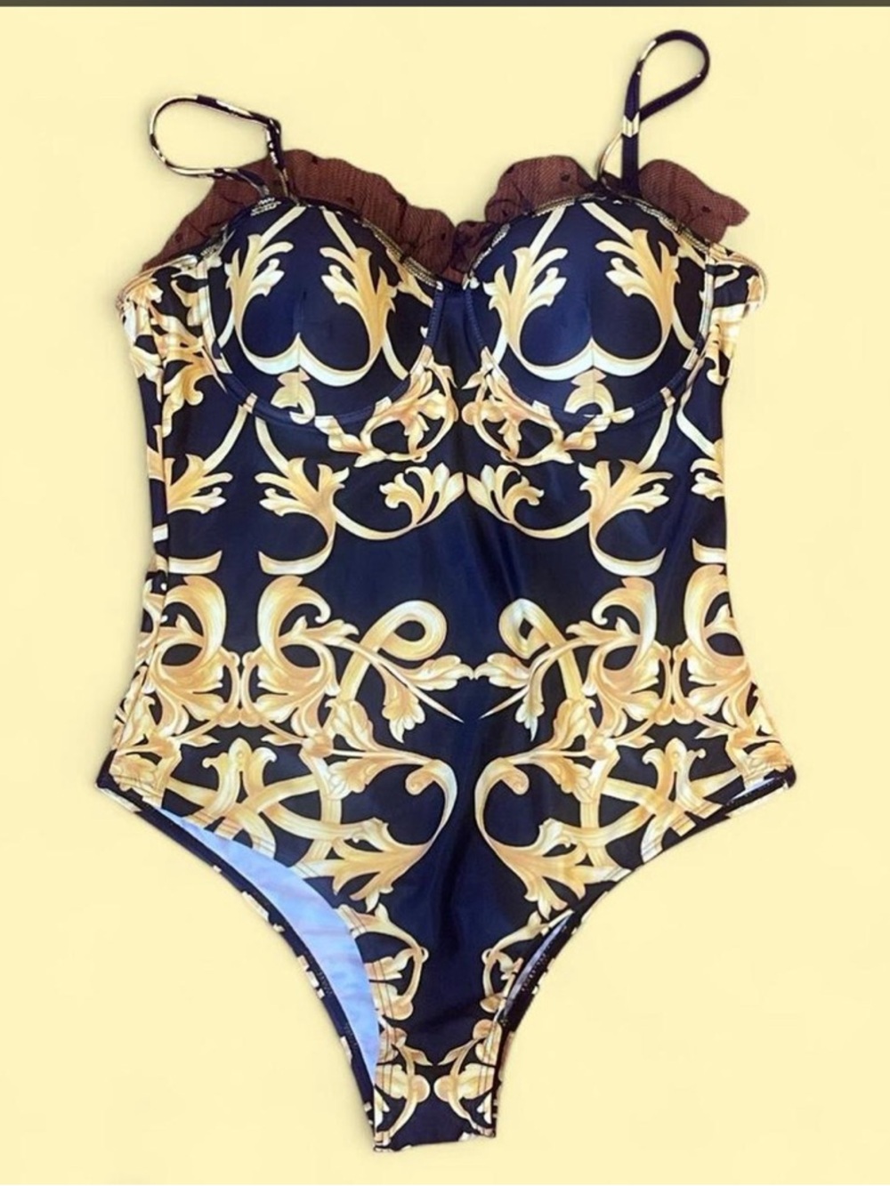 Baroque Print One-Piece Swimsuit in Black and Gold